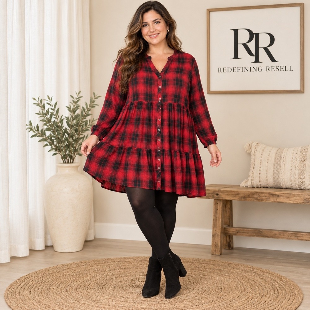 Knox Rose Red Black Plaid Babydoll Tiered Button Front Dress XL Long Sleeve